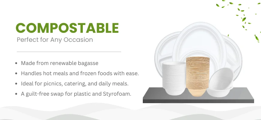 Compostable tableware made from renewable bagasse. Sturdy, microwave-safe, and perfect for catering, picnics, and sustainable dining.