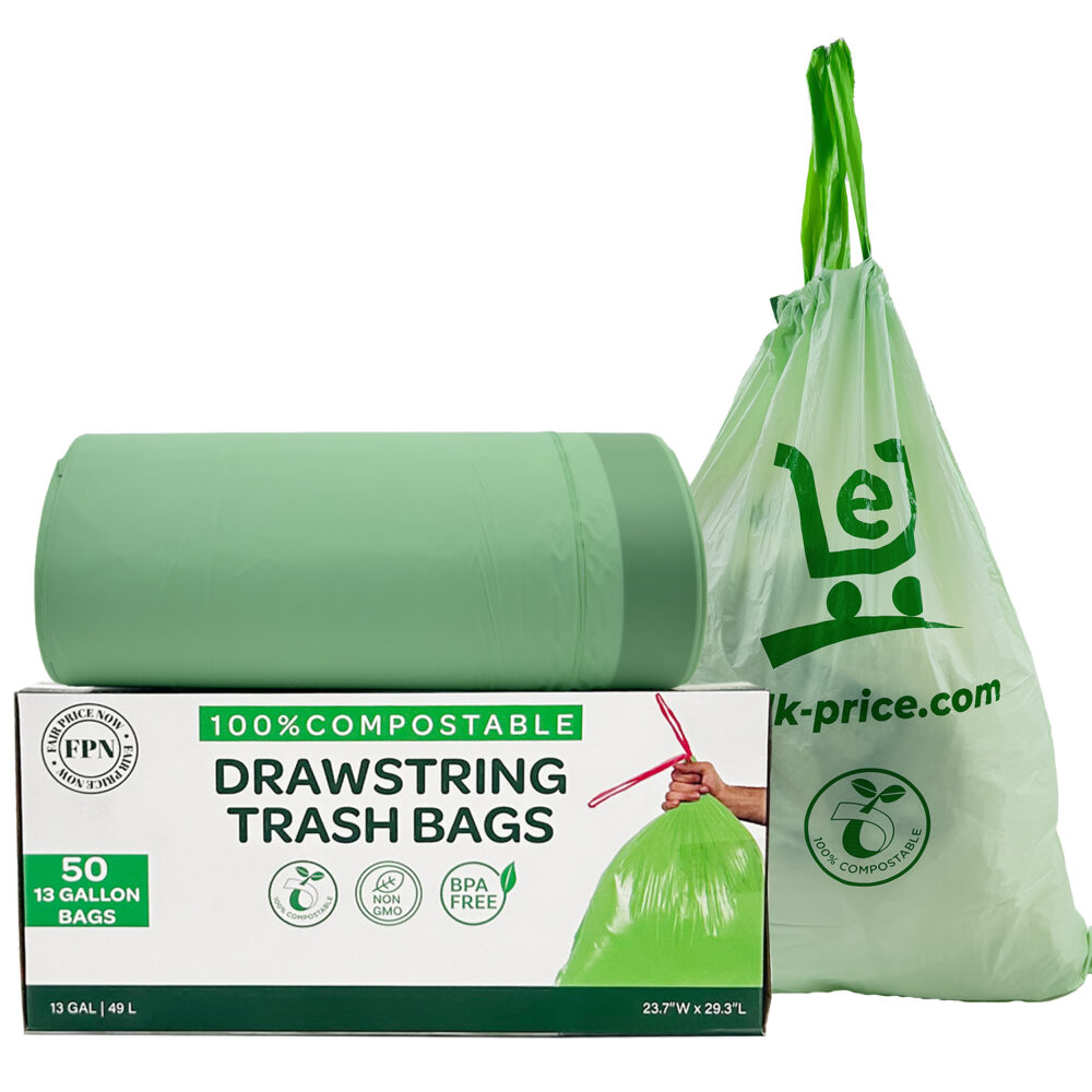 Drawstring Trash Bags 100 Percent Compostable Durable BPA-Free and Eco-Friendly