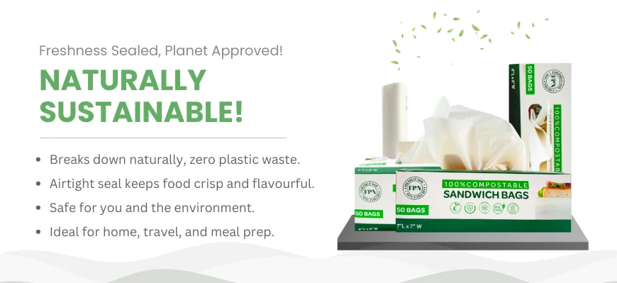 100% compostable sandwich bags – zero plastic waste, airtight seal for freshness, and eco-friendly for home, travel, & meal prep.