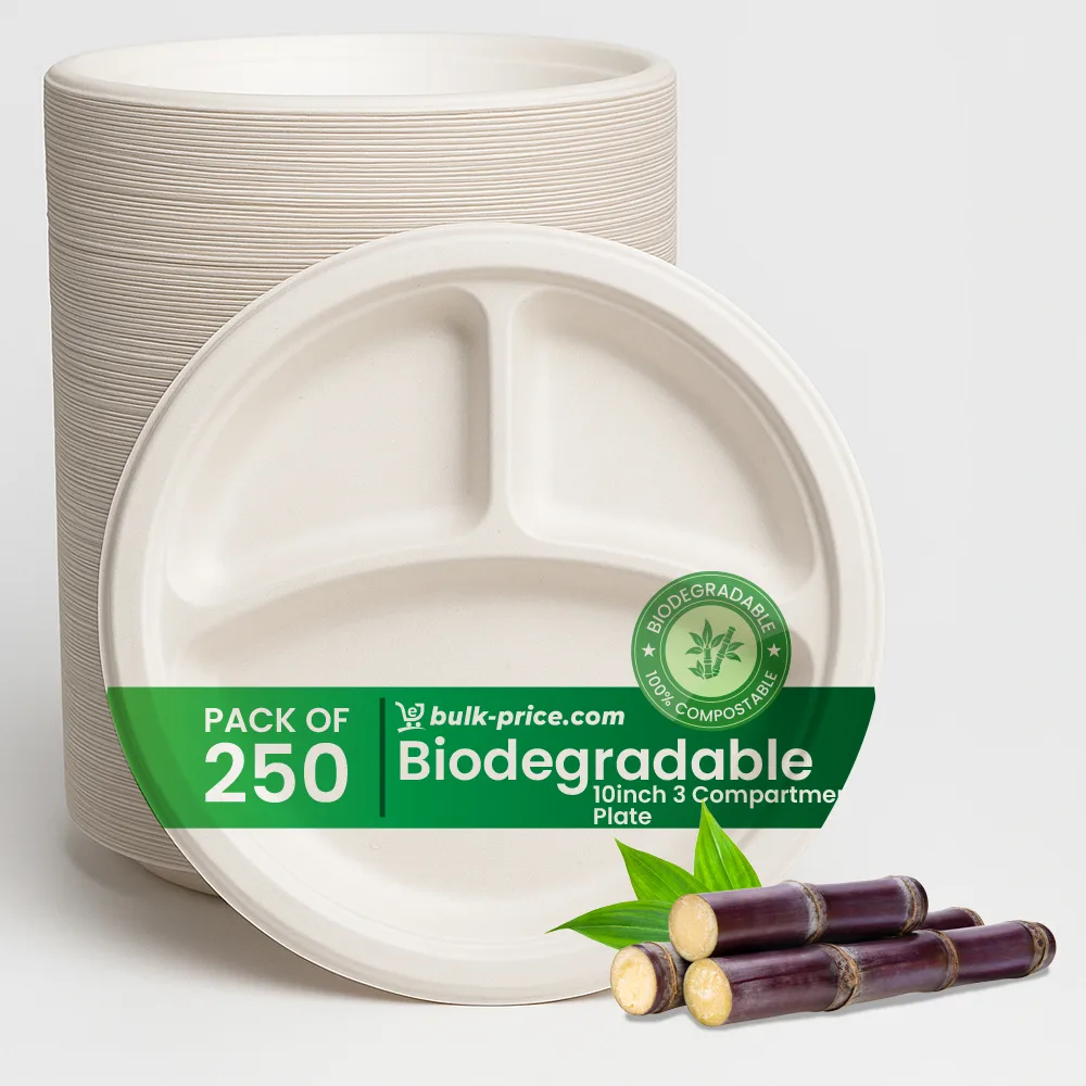 Biodegradable 3-Compartment Plates – 10” | Eco-Friendly & Durable