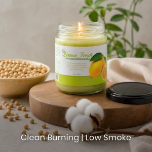 Lemon Fresh odor-eliminating candle placed on a dining table