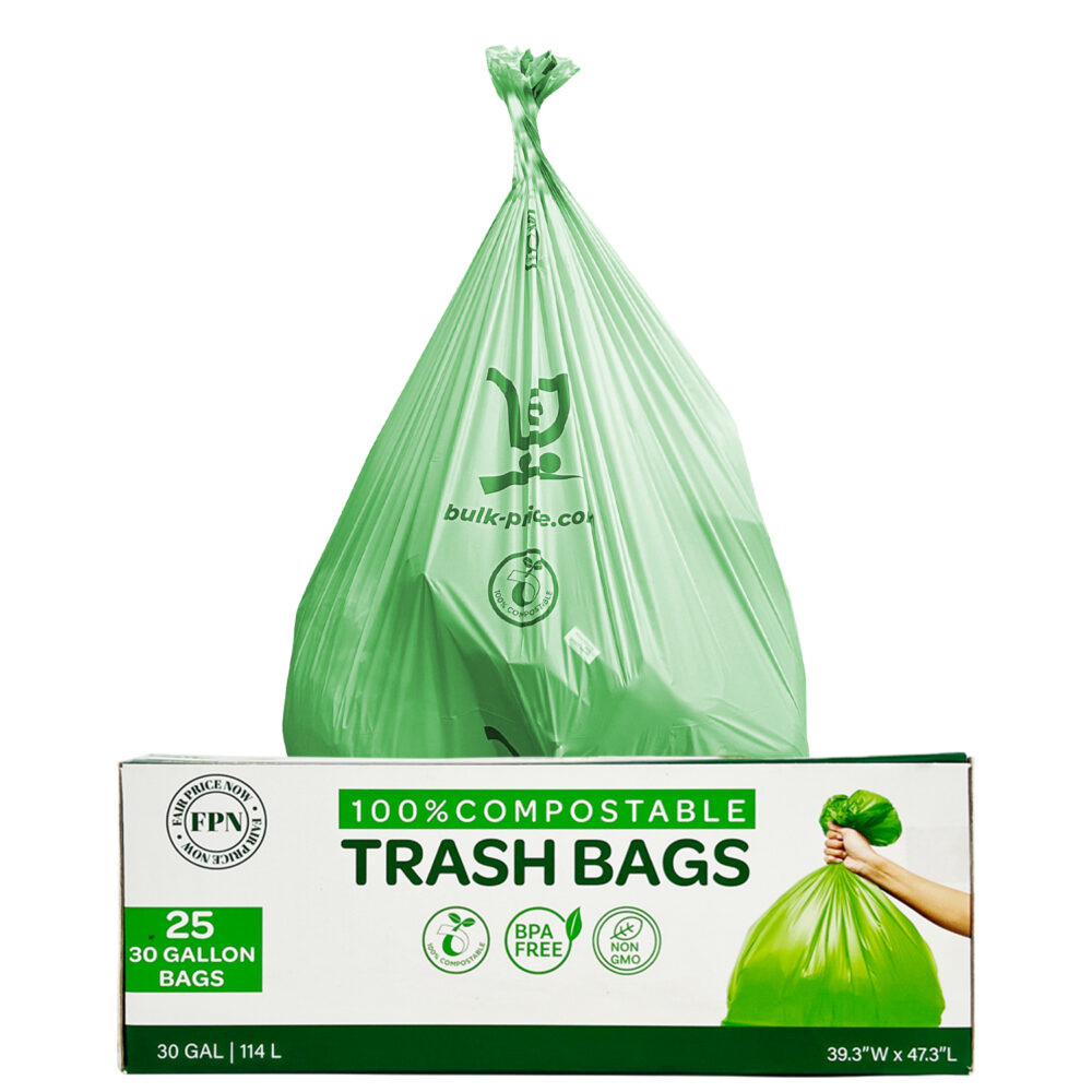 Trash Bags 25-30 Gallon 100 Percent Compostable Eco-Friendly BPA-Free and Heavy-Duty