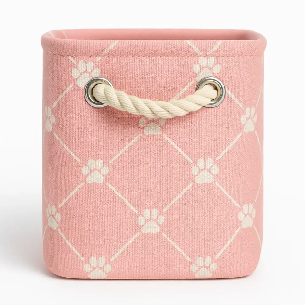 Small Pink Polyester Pet Bin with Paw Print – Rectangle 14x8x9 - Image 3
