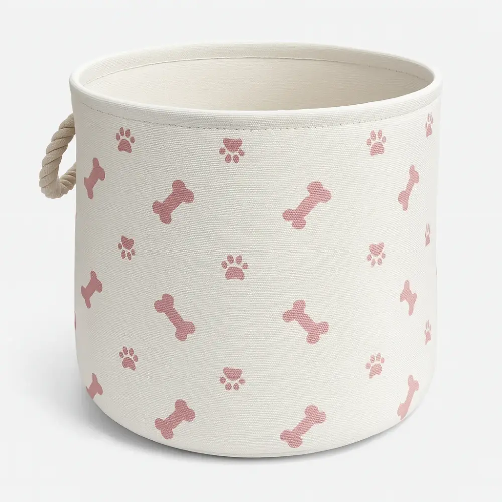 Medium Round Polyester Pet Bin with Paw & Bone Rose Design - Image 3