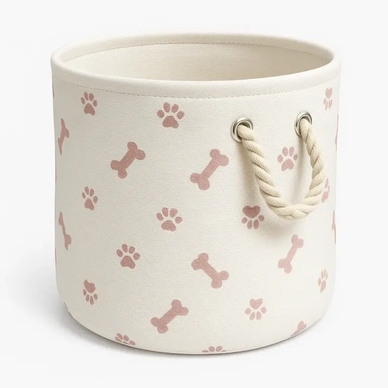 Medium Round Polyester Pet Bin with Paw & Bone Rose Design