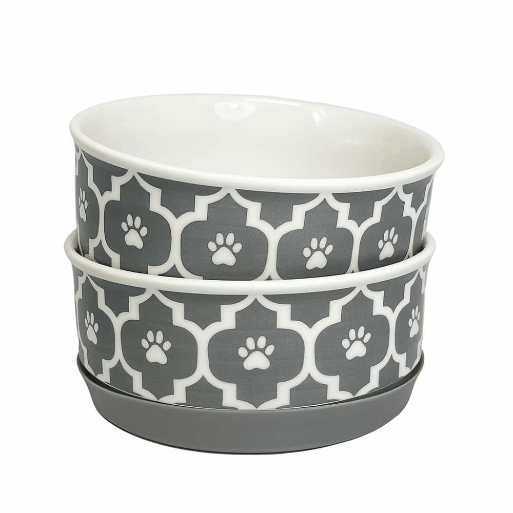 Small Lattice Gray Pet Bowl Set – 4.25" x 2" | Set of 2 Durable & Non-Slip Bowls