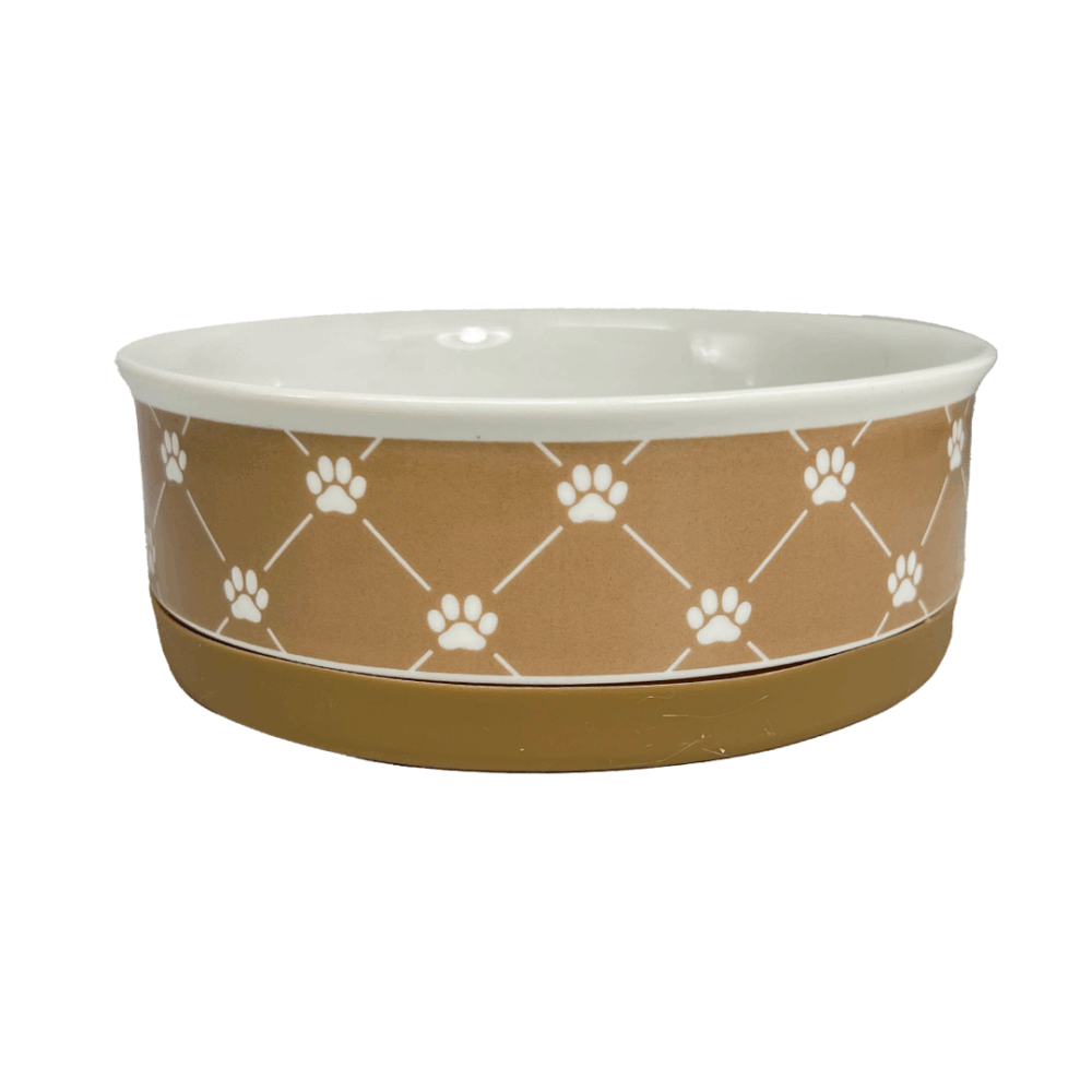 PET BOWL - TRELLIS PAW TAUPE - SMALL 4.25Dx2H