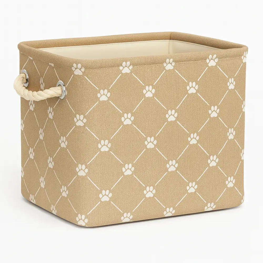 Polyester Pet Bin – Medium Taupe Rectangle with Trellis Paw Pattern