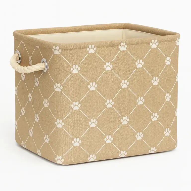 Polyester Pet Bin Medium Taupe Rectangle with Trellis Paw Pattern