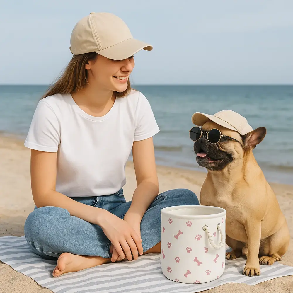 Polyester Pet Bin Paw-Bone Rose Round Medium