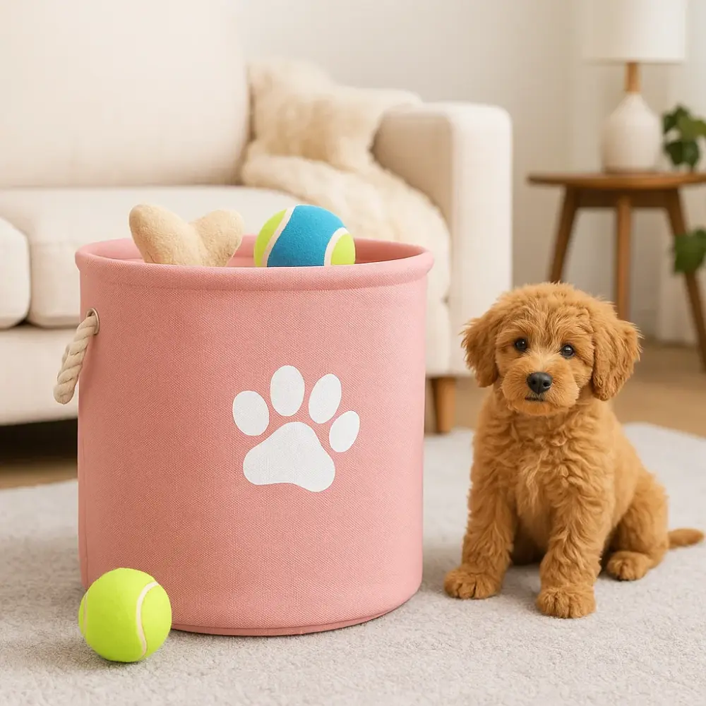 Polyester Pet Bin Paw in Rose with paw print