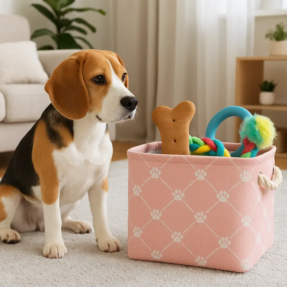 Polyester Pet Bin Trellis Paw in Pink for small spaces