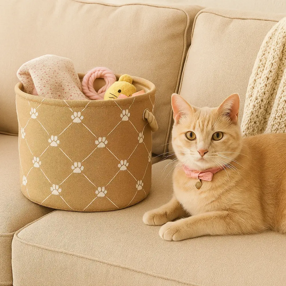 Polyester Pet Bin Trellis Paw in Taupe perfect for small spaces