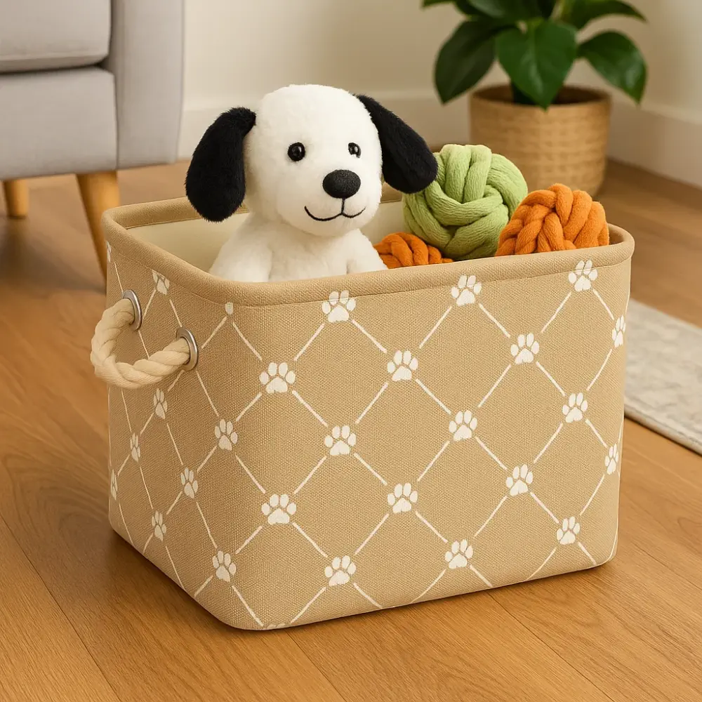 Small Rectangular Taupe Paw Print Polyester Pet Bin