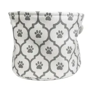 Small Round Gray Polyester PET Bin with Paw Lattice Design 9x12x12 Inch