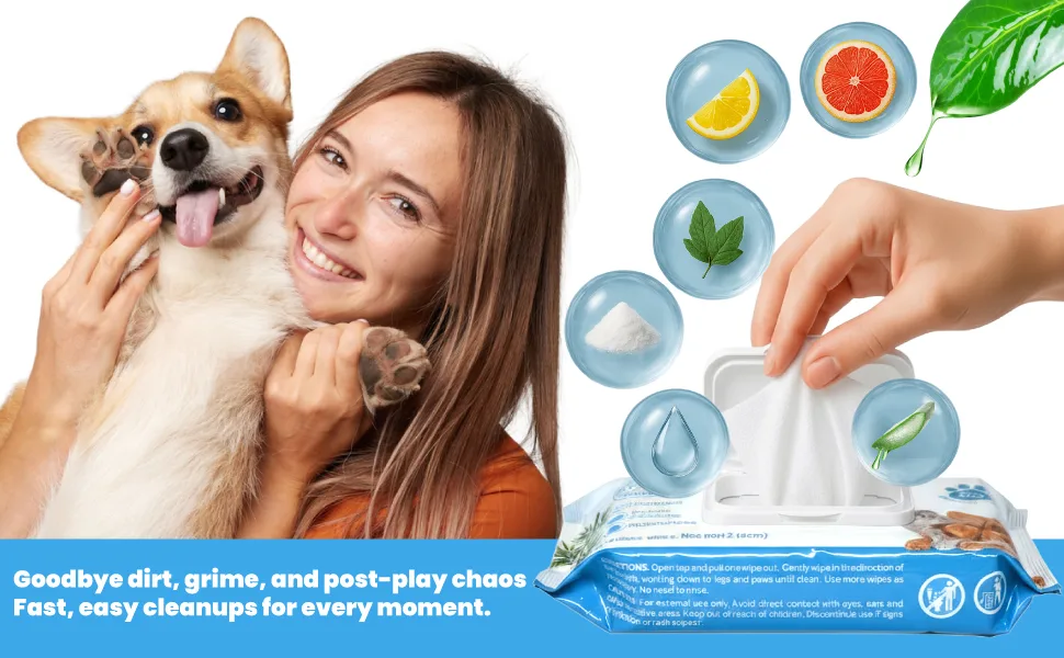 Deodorizing Pet Wipes – Unscented, 100% Biodegradable, Bamboo-Based - 60 Wipes 11 Happy pet owner holding dog while using biodegradable pet wipes, highlighting natural plant-based ingredients and gentle cleaning