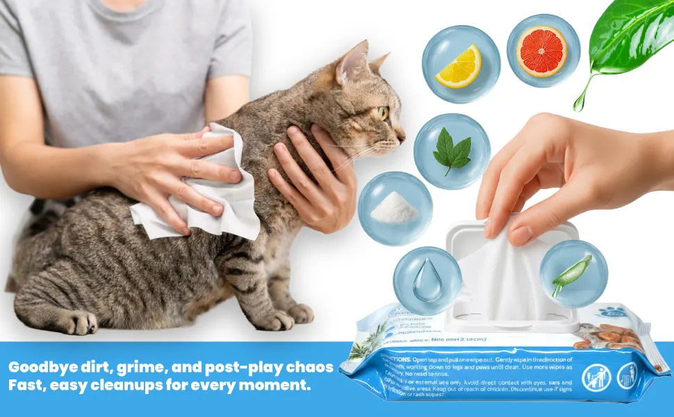 Deodorizing Pet Wipes – Unscented, 100% Biodegradable, Bamboo-Based - 60 Wipes 7 Person cleaning cat with biodegradable pet wipes, showing natural ingredients like aloe, lemon, mint and plant-based formula