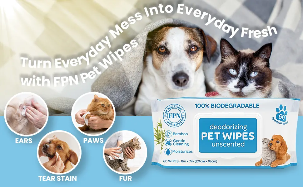 Deodorizing Pet Wipes – Unscented, 100% Biodegradable, Bamboo-Based - 60 Wipes 6 Bulk Price FPN deodorizing unscented pet wipes for ears, paws, tear stains and fur cleaning with dog and cat lifestyle image