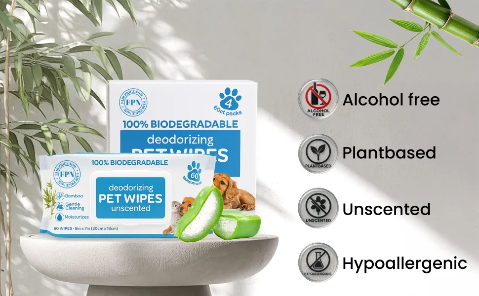 Deodorizing Pet Wipes – Unscented, 100% Biodegradable, Bamboo-Based - 60 Wipes 9 100% biodegradable deodorizing pet wipes unscented with aloe, showing features alcohol free, plant-based, hypoallergenic and gentle formula