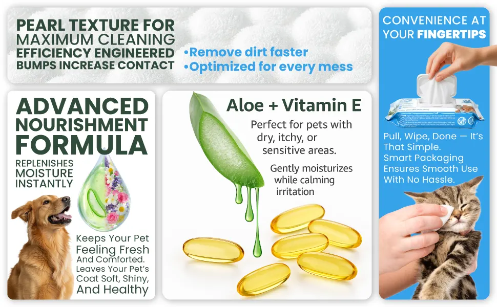 Deodorizing Pet Wipes – Unscented, 100% Biodegradable, Bamboo-Based - 60 Wipes 12 Pet wipes with pearl texture for maximum cleaning, aloe and vitamin E nourishment, and easy pull-wipe packaging for cats and dogs