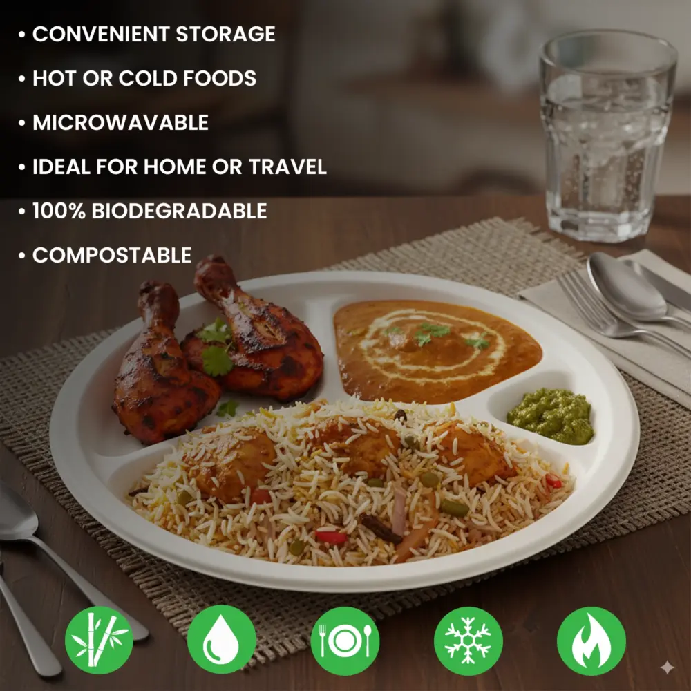 4-Compartment Compostable Round Plates – 100% Biodegradable Bagasse Dinnerware - Image 4