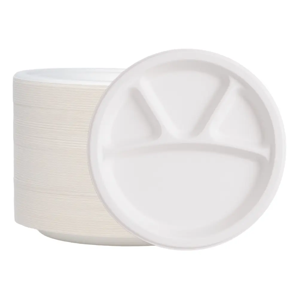 4-Compartment Compostable Round Plates – 100% Biodegradable Bagasse Dinnerware