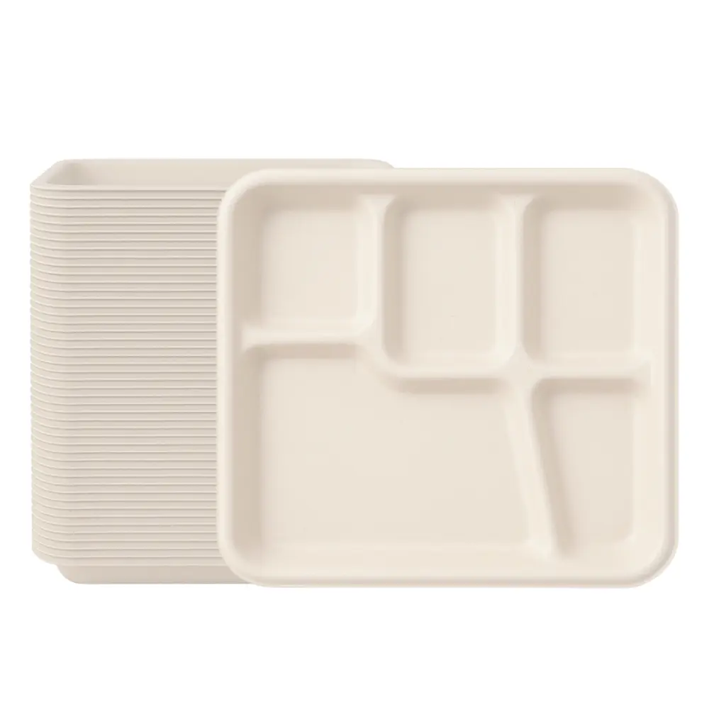 5-Compartment Bagasse Plates – 10x8 Inch Eco-Friendly Disposable Trays | Microwavable, Sturdy, Biodegradable