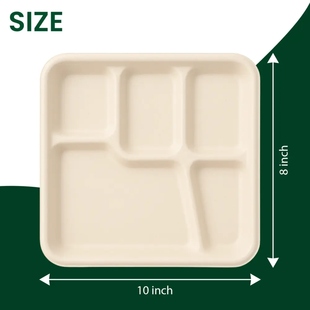 5-Compartment Bagasse Plates – 10x8 Inch Eco-Friendly Disposable Trays | Microwavable, Sturdy, Biodegradable - Image 3