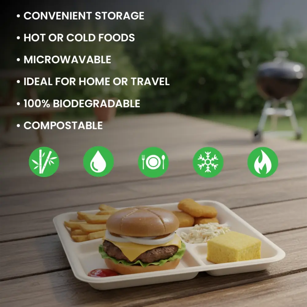 5-Compartment Bagasse Plates – 10x8 Inch Eco-Friendly Disposable Trays | Microwavable, Sturdy, Biodegradable - Image 4
