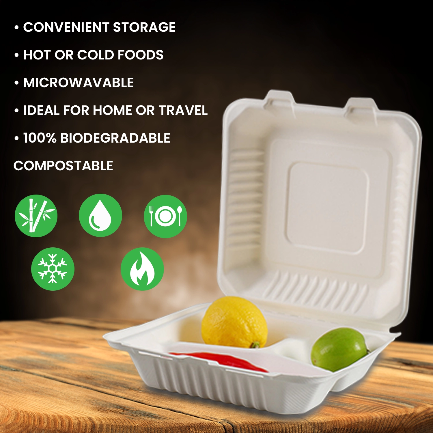 Disposable 9x9 3 Compartment Clamshell Food Containers – Biodegradable, Eco-Friendly Takeout Boxes 4 9x9 - 3 Compartment clamshell Features
