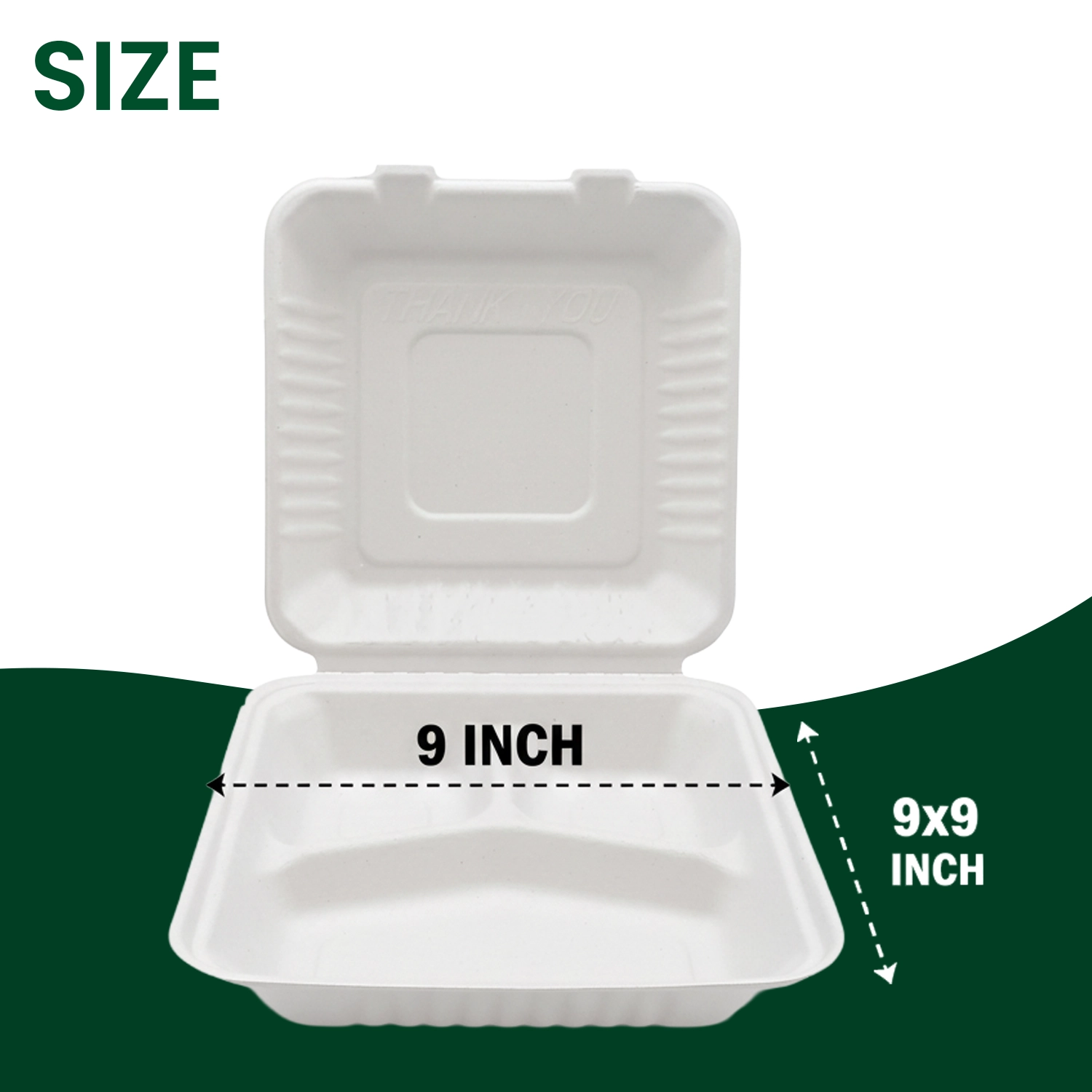 Disposable 9x9 3 Compartment Clamshell Food Containers – Biodegradable, Eco-Friendly Takeout Boxes 3 9x9 - 3 Compartment Size