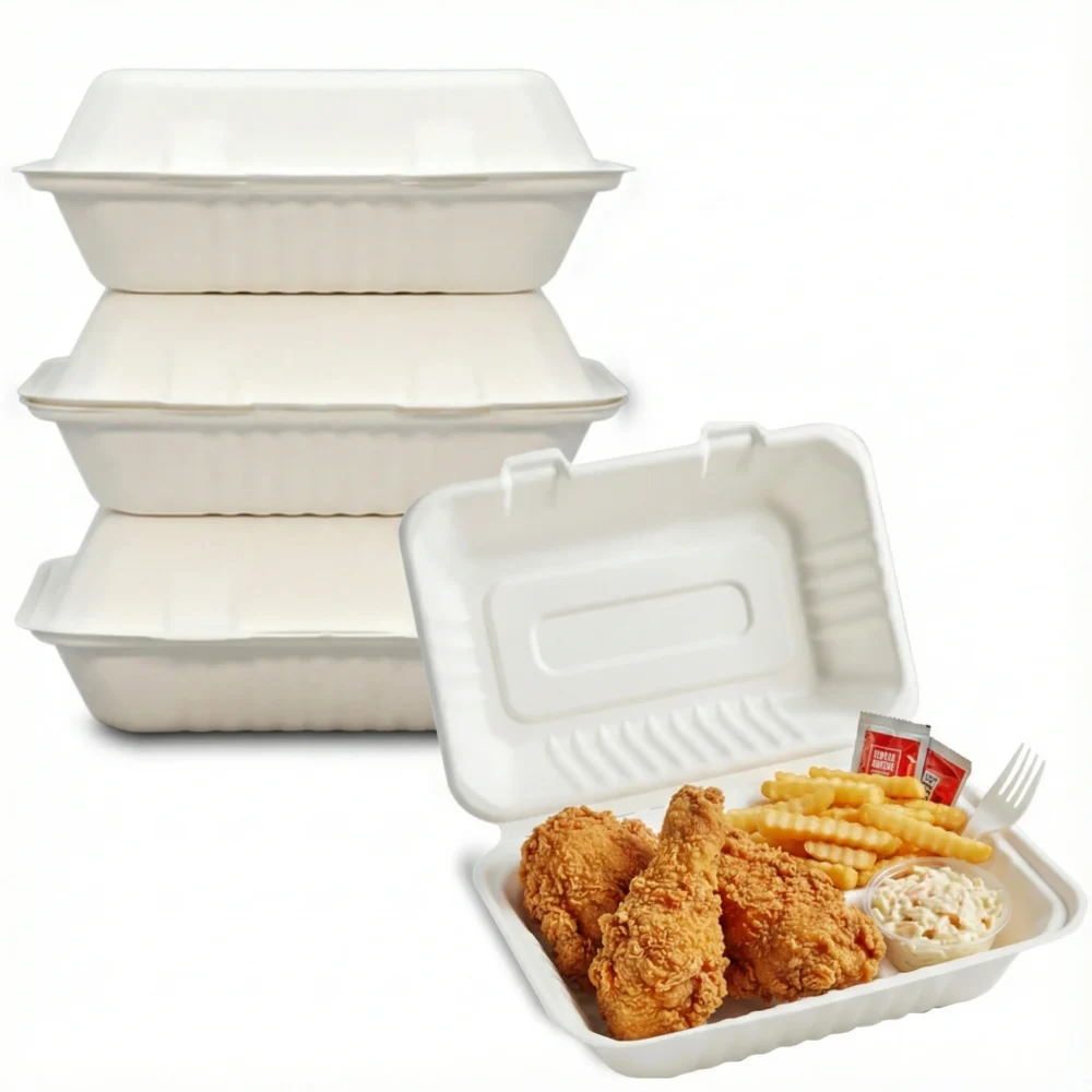 Disposable Food Containers - Compostable Bagasse Clamshells Takeout Boxes