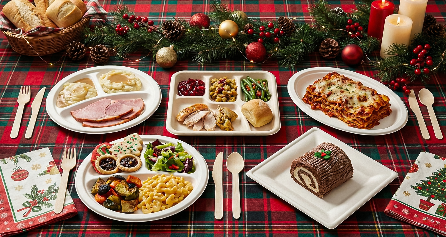 Festive holiday table featuring Biodegradable Plates