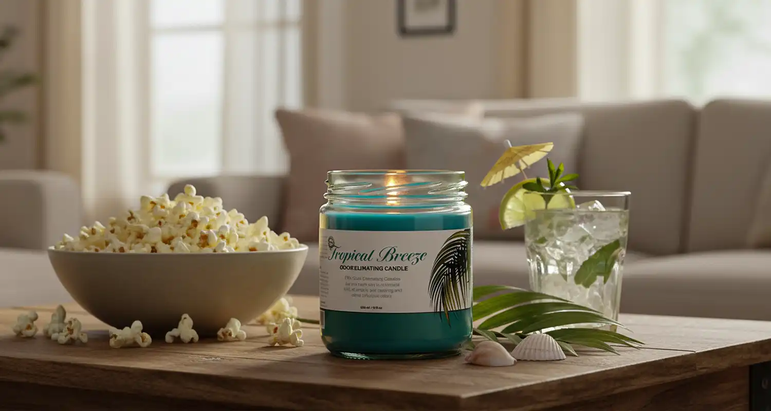 A lit "Tropical Breeze" candle sits on a wooden table beside a bowl of popcorn and a drink adorned with an umbrella.