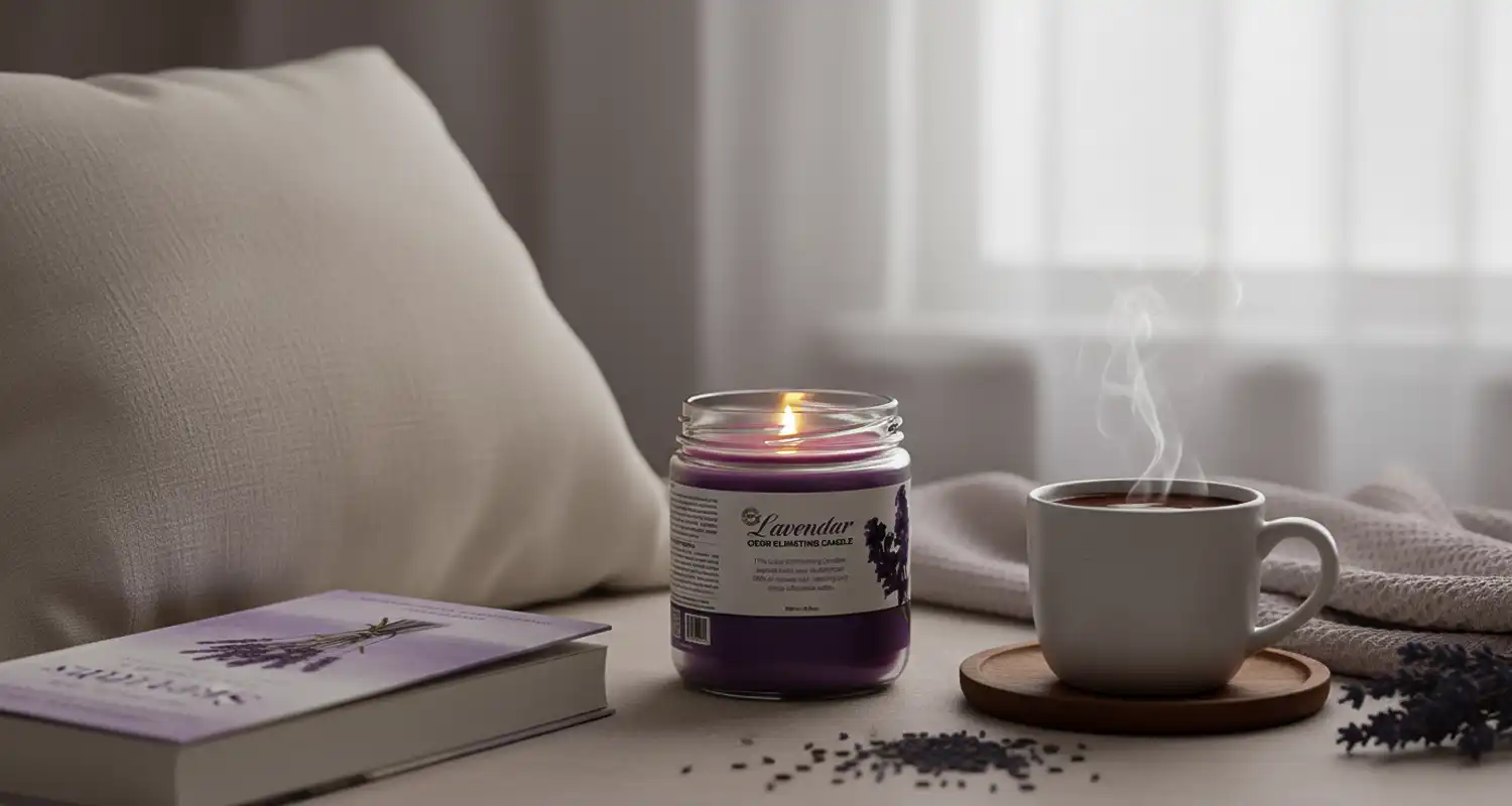 A cozy setting features a lit lavender candle, a steaming cup of tea on a wooden coaster, a book, and soft pillows.
