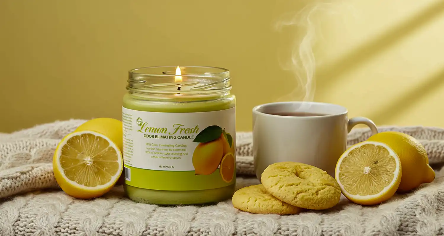 A lit lemon-scented candle, a steaming white mug, lemon cookies, and fresh lemons on a knitted blanket.