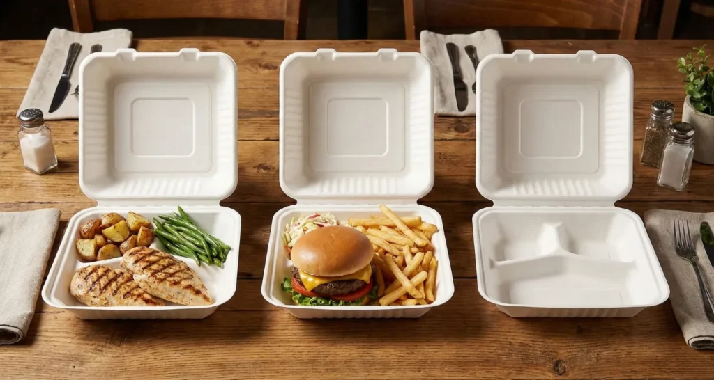 Disposable 3 Compartment Clamshell Food Containers for Restaurants