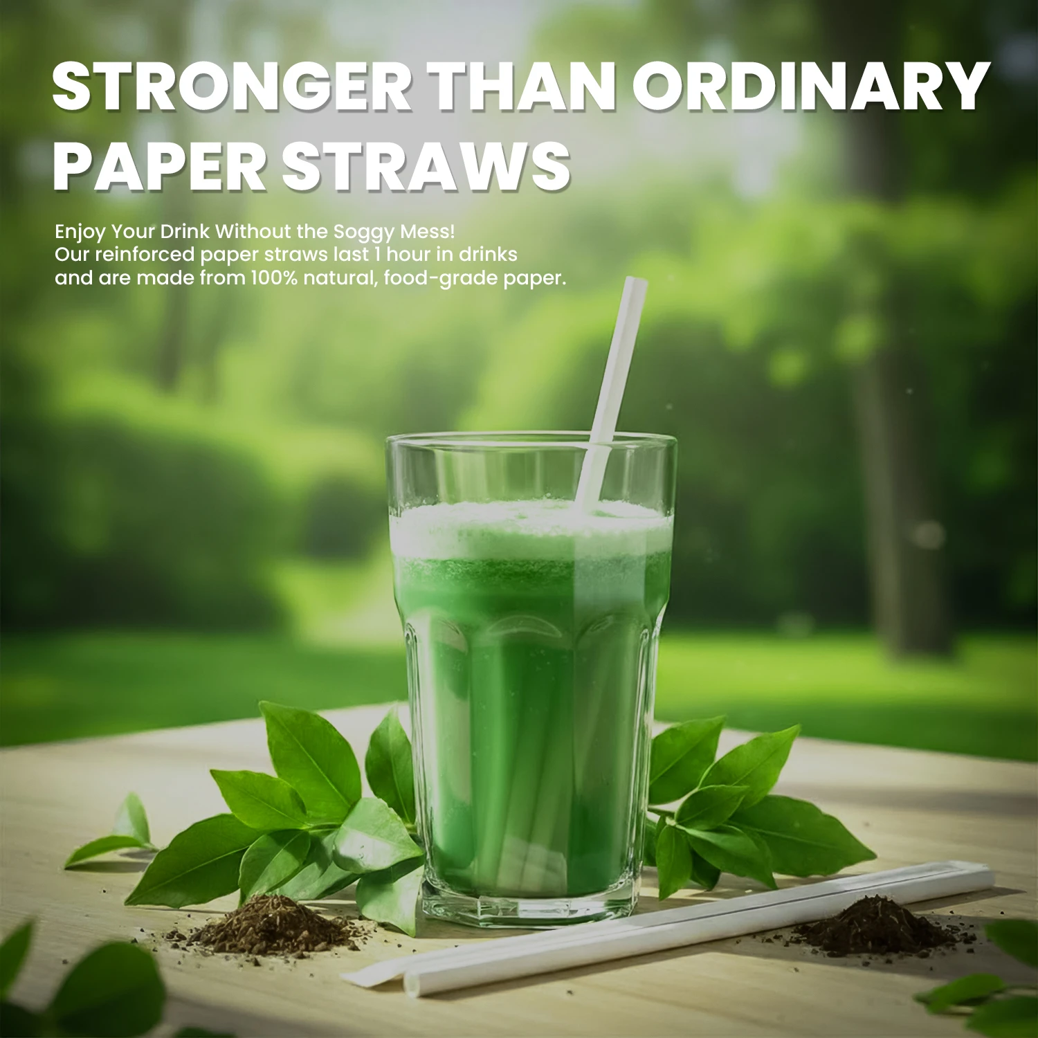 Durable Compostable Paper Straw in Green Smoothie Glass