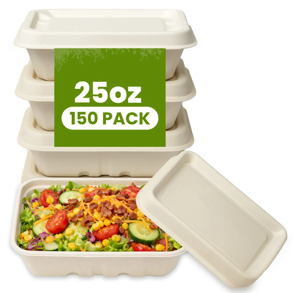 25 OZ Compostable Bagasse Food Containers with Lid