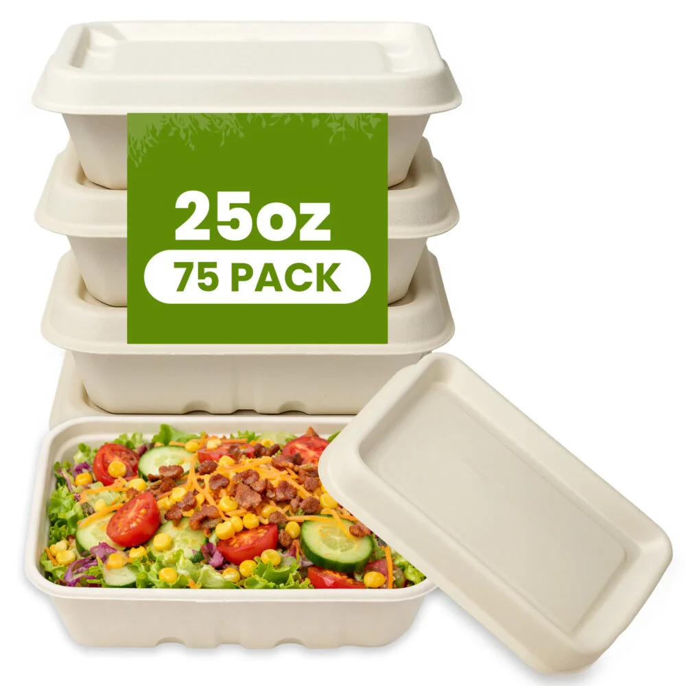 25 OZ Compostable Bagasse Food Containers with Lid 75 CT