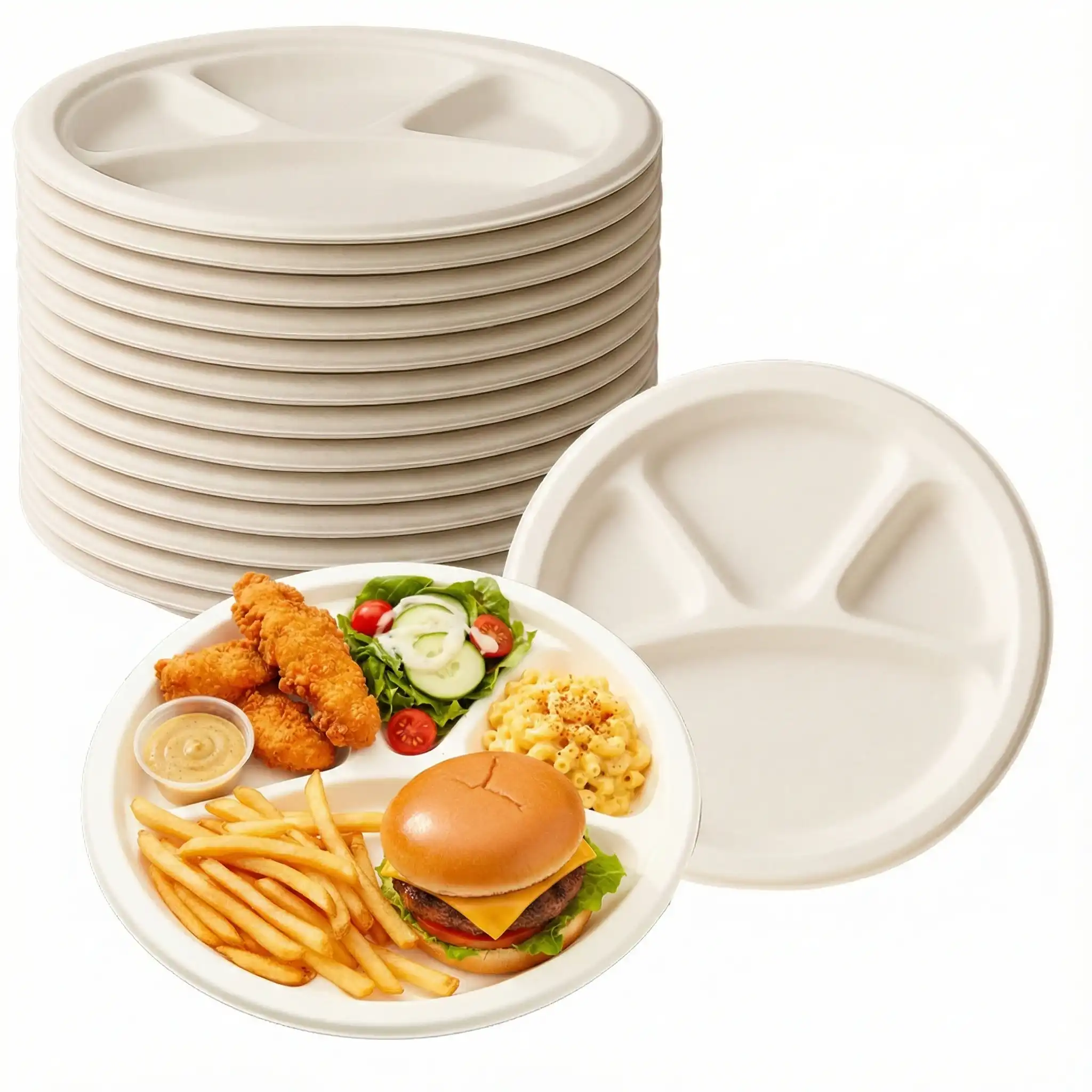 4 Compartment Compostable Round Plates – 100% Biodegradable Bagasse Dinnerware