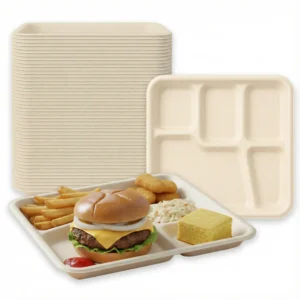 5 Compartment Bagasse Plates 10x8'' Eco-Friendly Disposable Trays Pack