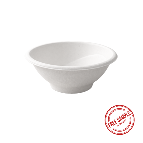 A white 6oz biodegradable bowl with a stamp on side saying