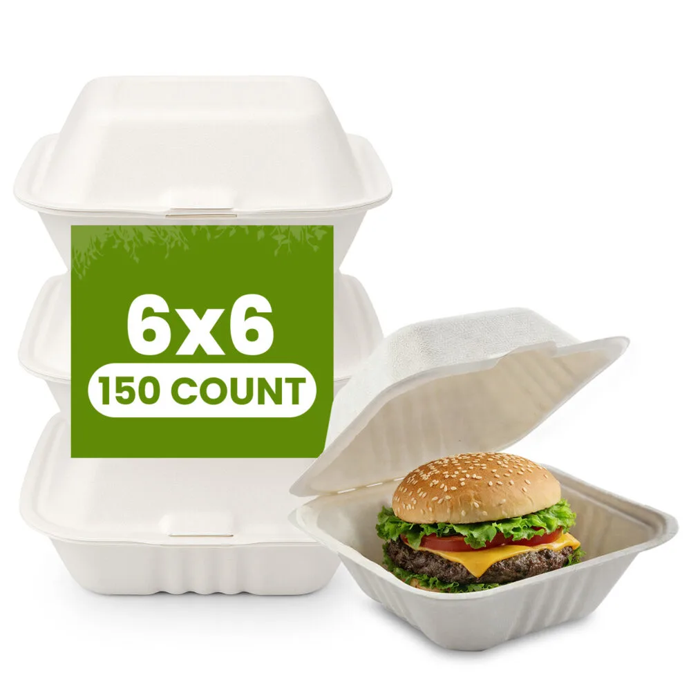 6x6 Disposable Bagasse Clamshell Containers 150 CT