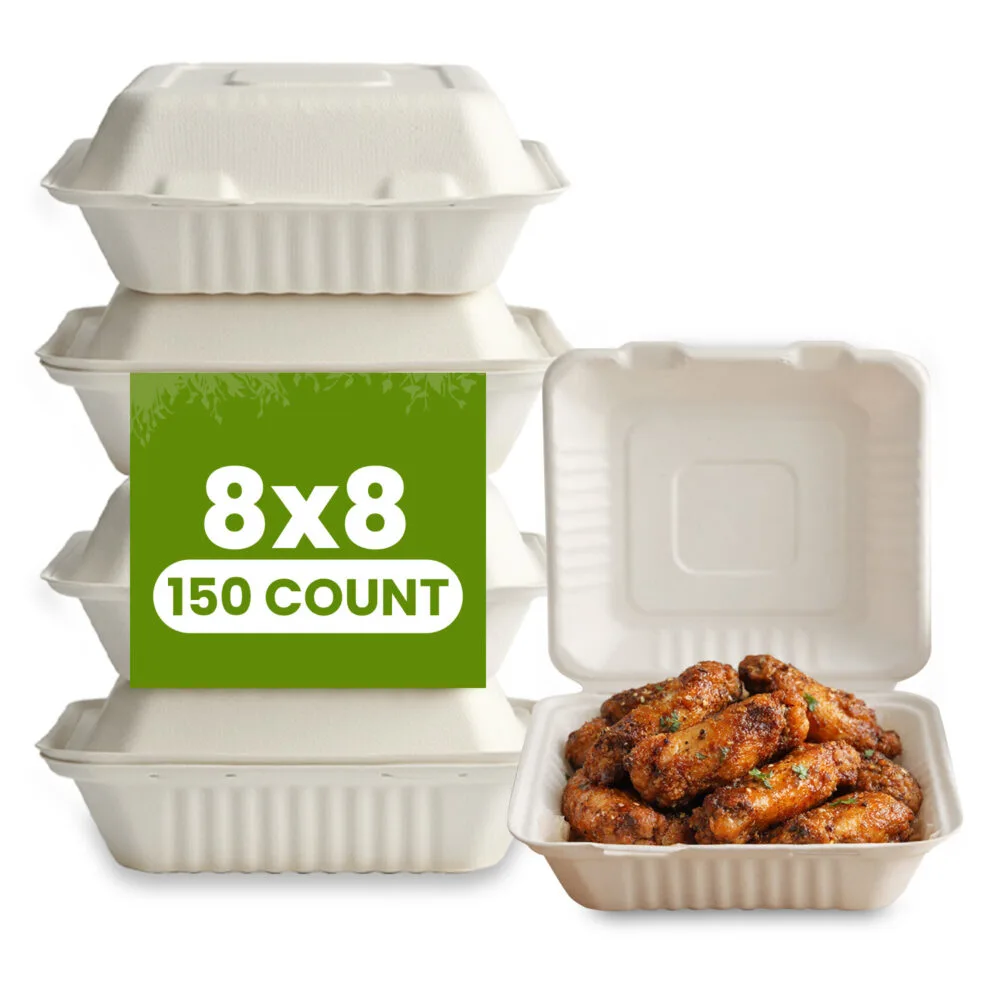 8x8 Disposable Bagasse Clamshell Containers 150 CT