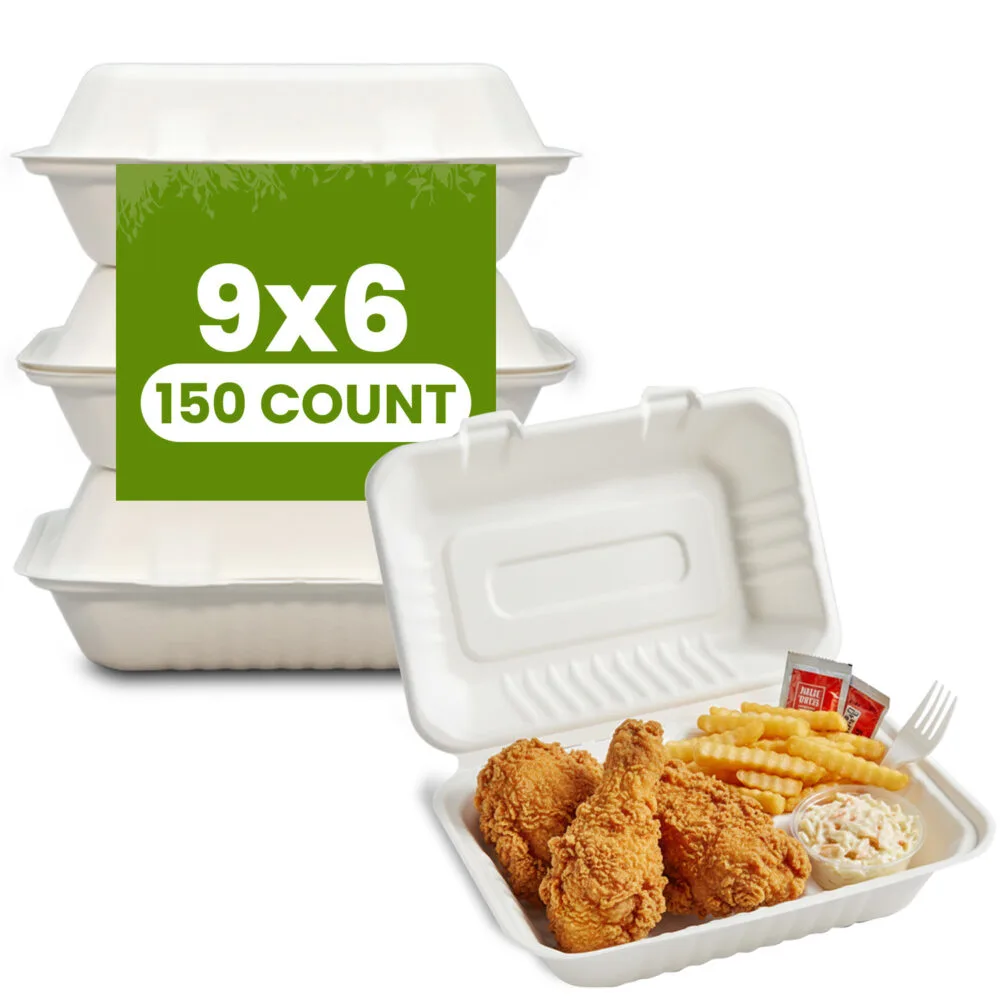 9x6 Disposable Bagasse Clamshell Containers 150 CT