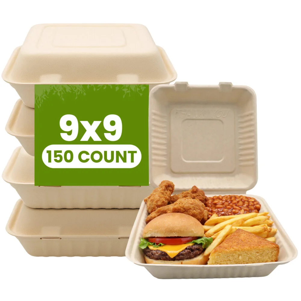 9x9 Disposable Bagasse Clamshell Containers 150 CT