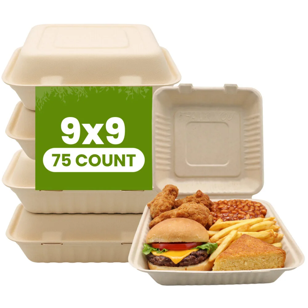 9x9 Disposable Bagasse Clamshell Containers 75 CT
