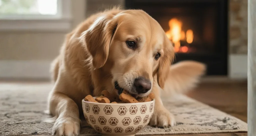 Golden Retriever lying on a rug by a fireplace, eating treats from a paw-print bowl in a cozy living room