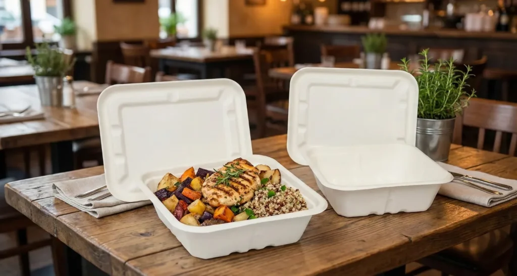 Compostable Bagasse food containers with lids filled grilled chicken, roasted vegetables, and quinoa on a wooden restaurant table